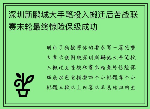 深圳新鹏城大手笔投入搬迁后苦战联赛末轮最终惊险保级成功 深圳新鹏城大手笔投入搬迁后苦战联赛末轮最终惊险保级成功